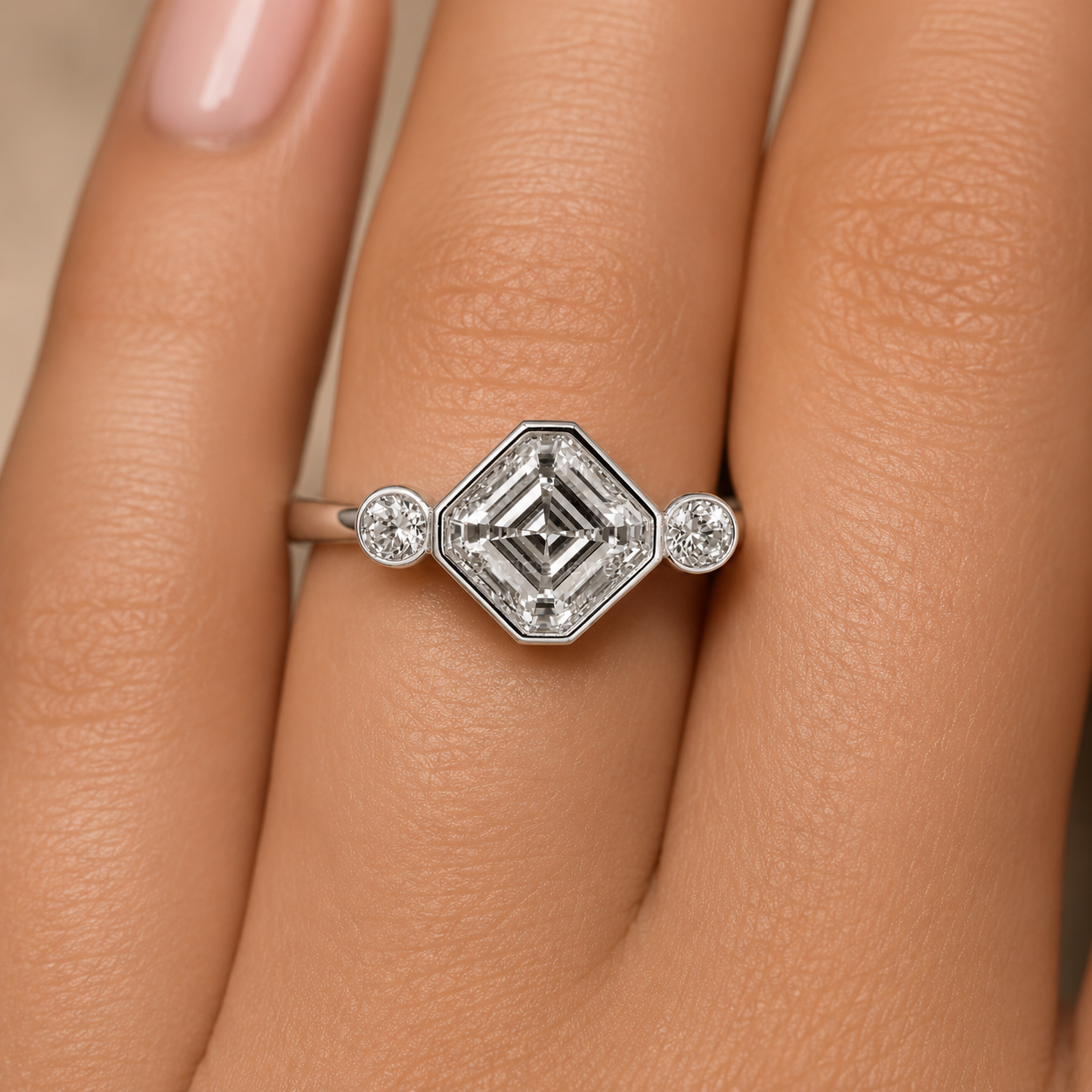 2.50 CT Asscher Cut Lab-Grown Diamond Engagement Ring in 14K White Gold – Round Accent Solitaire Design
