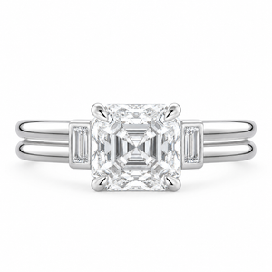 1.80 CT Asscher Cut Lab-Grown Diamond Three Stone Engagement Ring in 14K White Gold – Baguette Side Stone Double Band Art Deco Design