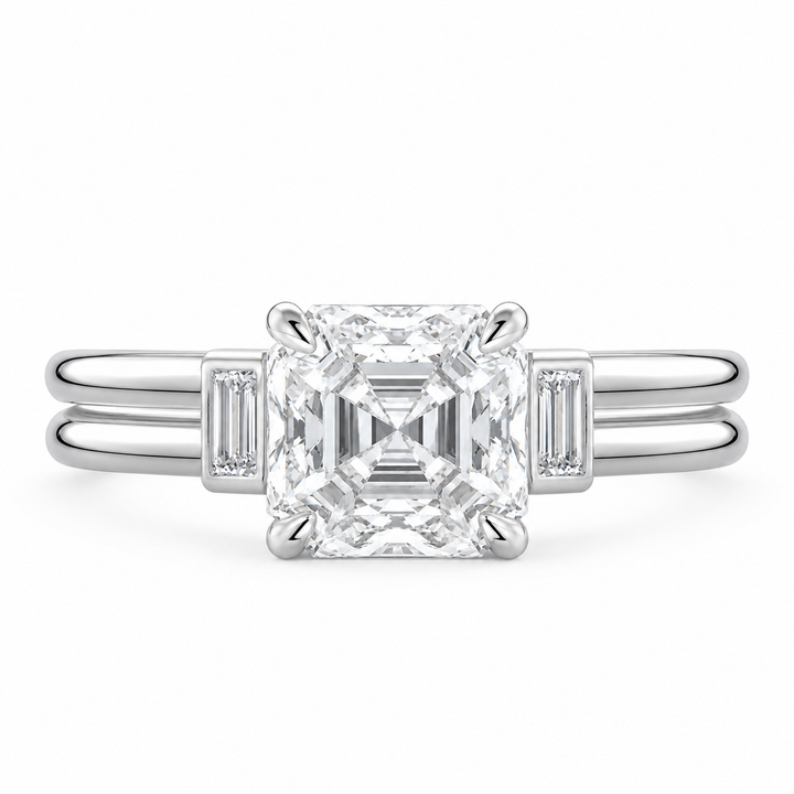 2.50 CT Asscher Cut Lab-Grown Diamond Three Stone Engagement Ring in White Gold – East West IGI Certified Design