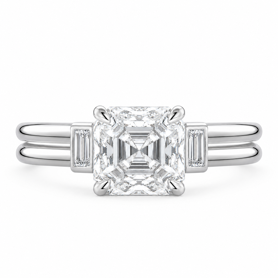 1.80 CT Asscher Cut Lab-Grown Diamond Three Stone Engagement Ring in 14K White Gold – Baguette Side Stone Double Band Art Deco Design
