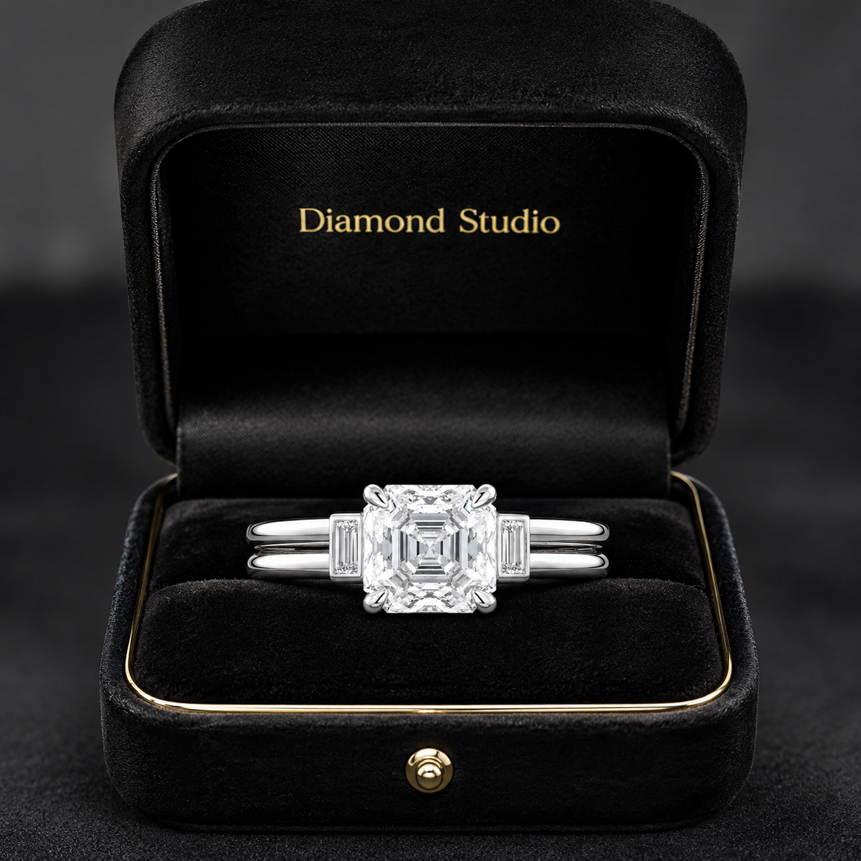 1.80 CT Asscher Cut Lab-Grown Diamond Three Stone Engagement Ring in 14K White Gold – Baguette Side Stone Double Band Art Deco Design