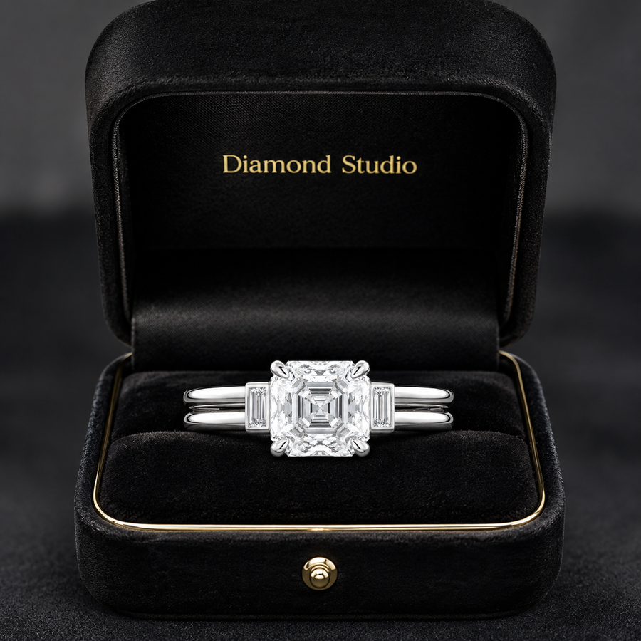 1.80 CT Asscher Cut Lab-Grown Diamond Three Stone Engagement Ring in 14K White Gold – Baguette Side Stone Double Band Art Deco Design