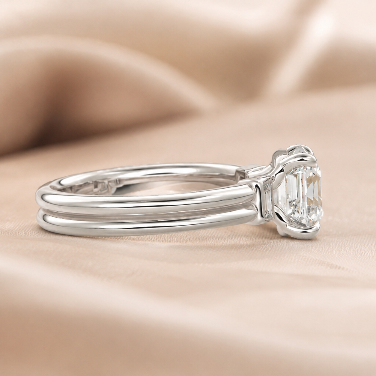 1.80 CT Asscher Cut Lab-Grown Diamond Three Stone Engagement Ring in 14K White Gold – Baguette Side Stone Double Band Art Deco Design