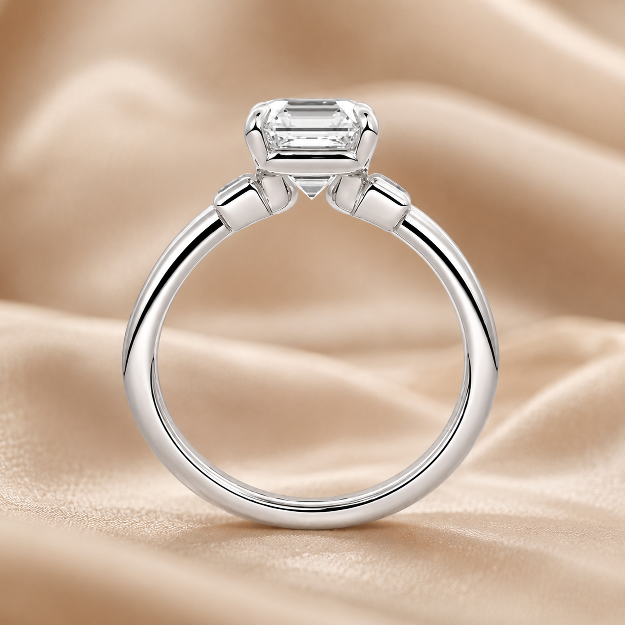 1.80 CT Asscher Cut Lab-Grown Diamond Three Stone Engagement Ring in 14K White Gold – Baguette Side Stone Double Band Art Deco Design
