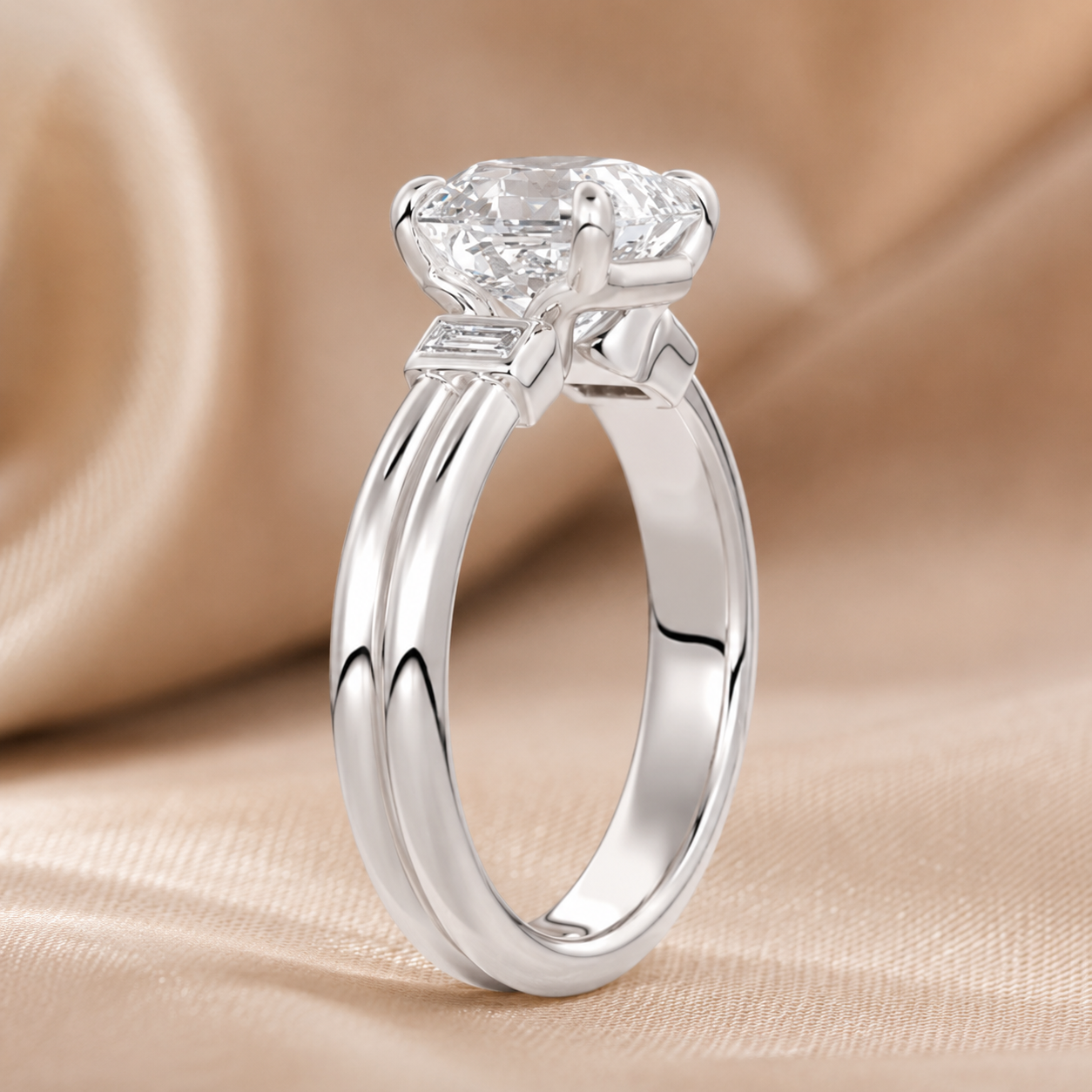 1.80 CT Asscher Cut Lab-Grown Diamond Three Stone Engagement Ring in 14K White Gold – Baguette Side Stone Double Band Art Deco Design