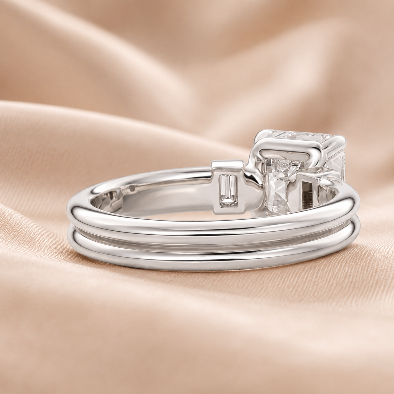 1.80 CT Asscher Cut Lab-Grown Diamond Three Stone Engagement Ring in 14K White Gold – Baguette Side Stone Double Band Art Deco Design