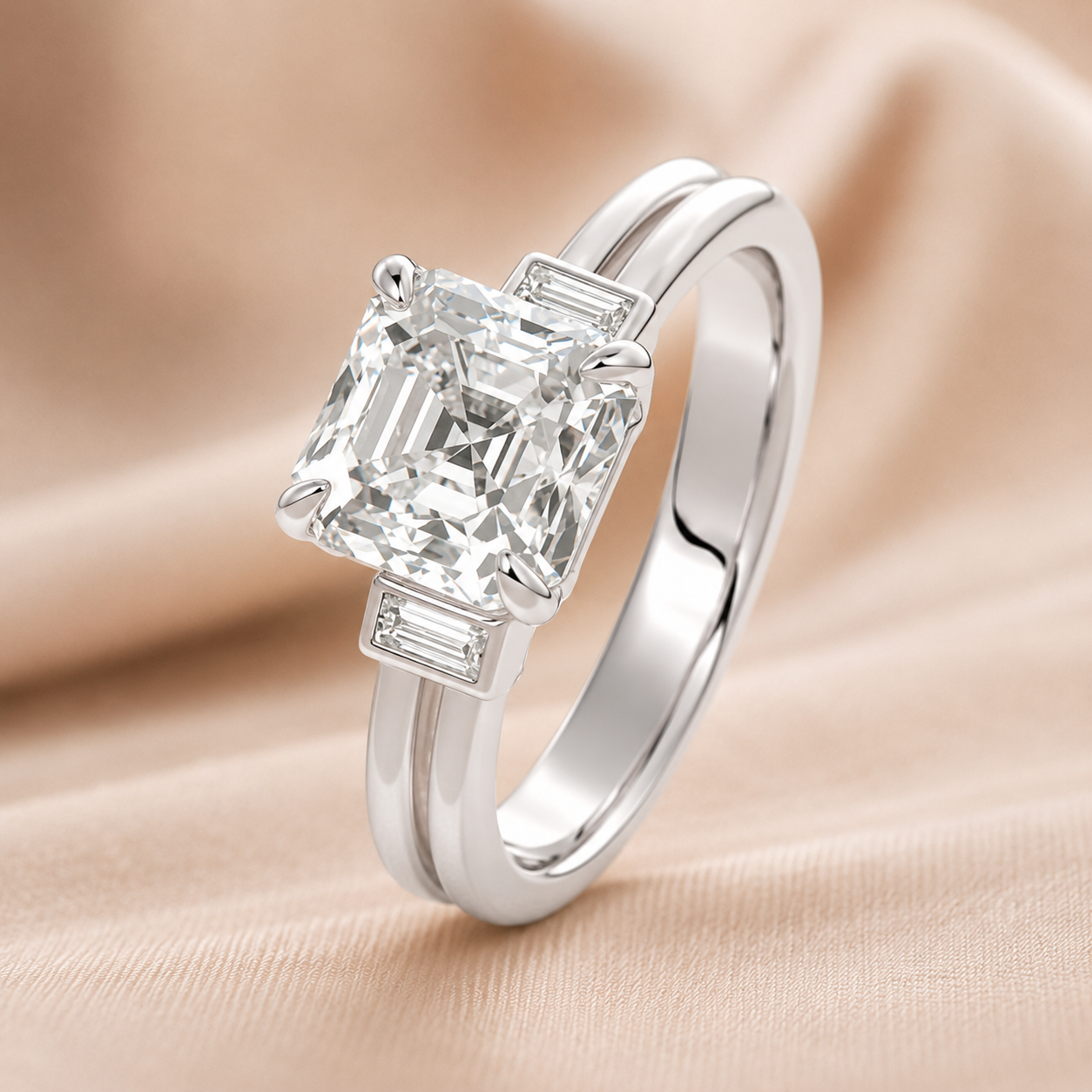 1.80 CT Asscher Cut Lab-Grown Diamond Three Stone Engagement Ring in 14K White Gold – Baguette Side Stone Double Band Art Deco Design