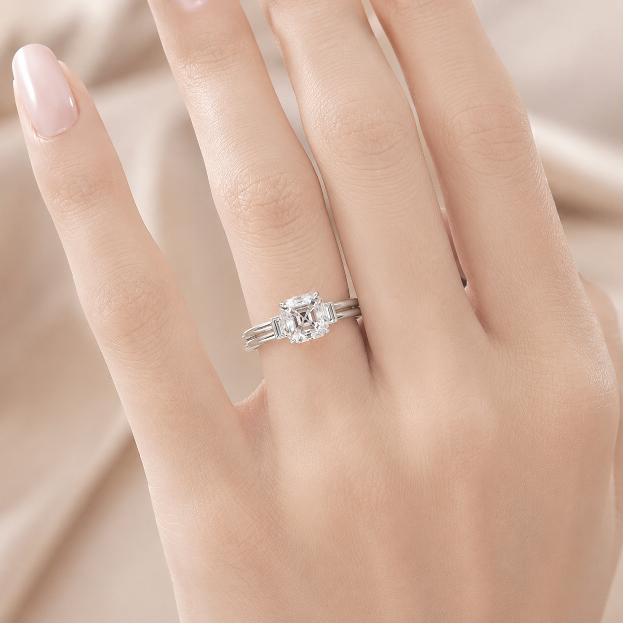 1.80 CT Asscher Cut Lab-Grown Diamond Three Stone Engagement Ring in 14K White Gold – Baguette Side Stone Double Band Art Deco Design
