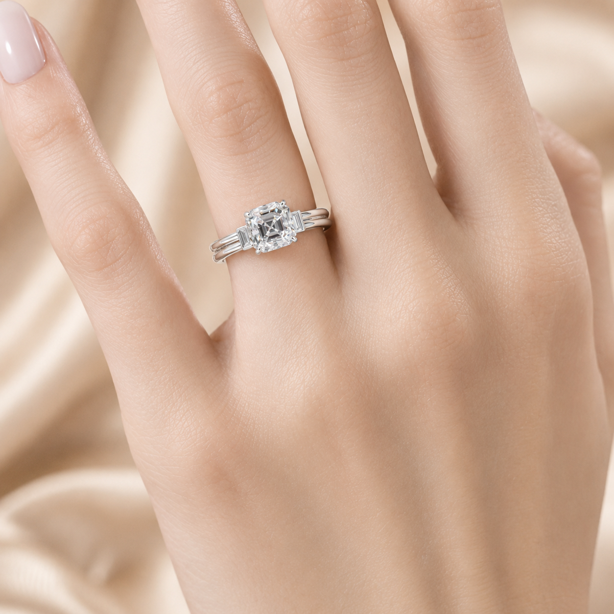 1.80 CT Asscher Cut Lab-Grown Diamond Three Stone Engagement Ring in 14K White Gold – Baguette Side Stone Double Band Art Deco Design