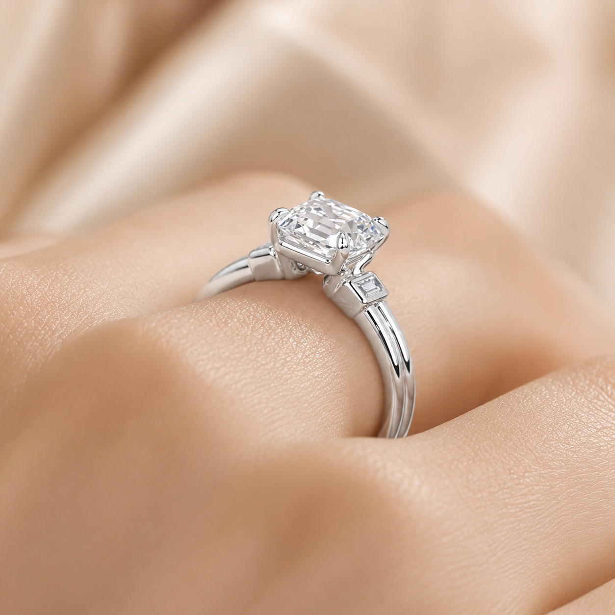 1.80 CT Asscher Cut Lab-Grown Diamond Three Stone Engagement Ring in 14K White Gold – Baguette Side Stone Double Band Art Deco Design