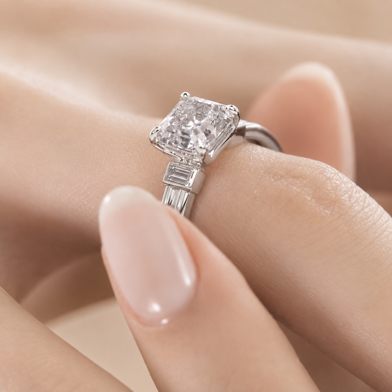 1.80 CT Asscher Cut Lab-Grown Diamond Three Stone Engagement Ring in 14K White Gold – Baguette Side Stone Double Band Art Deco Design