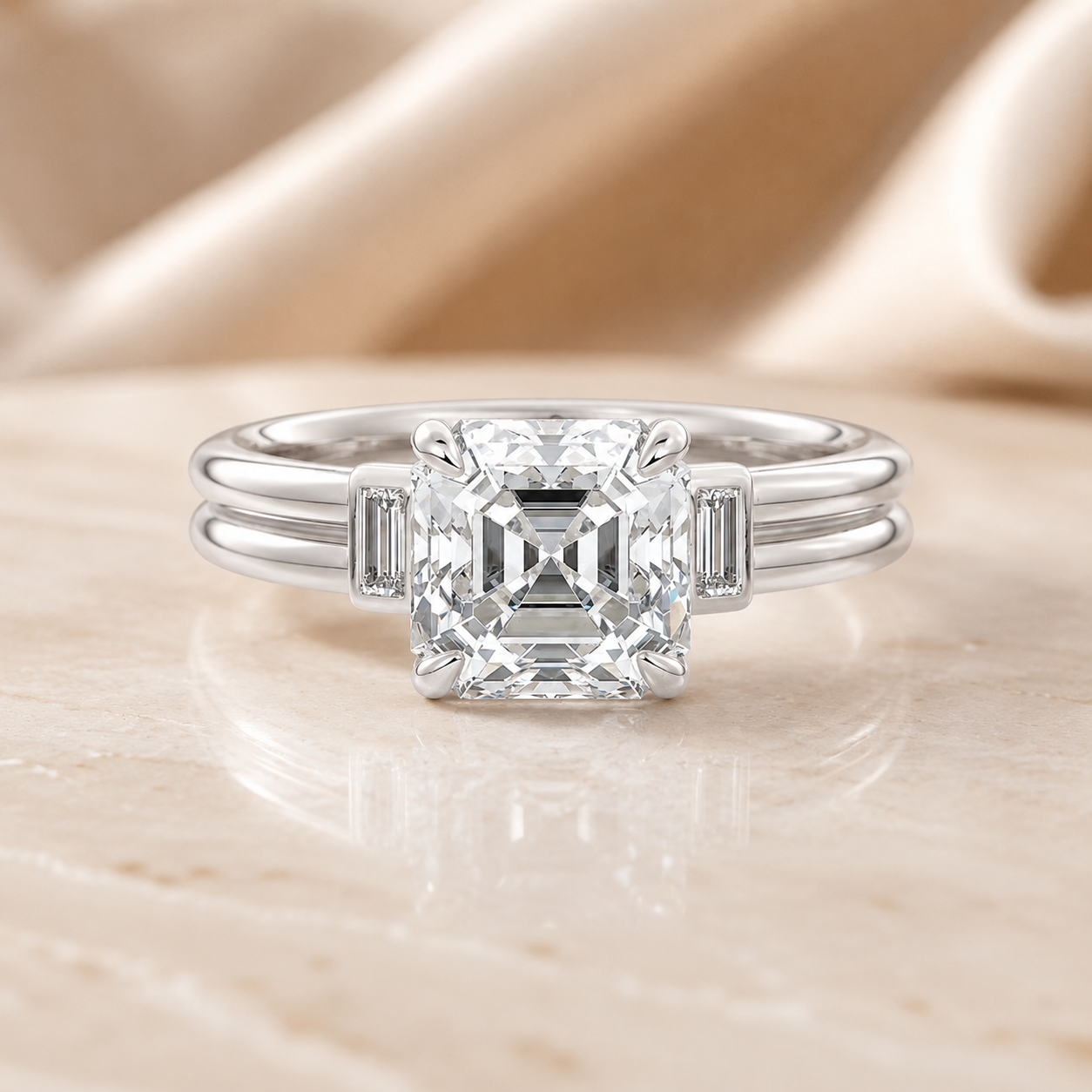 1.80 CT Asscher Cut Lab-Grown Diamond Three Stone Engagement Ring in 14K White Gold – Baguette Side Stone Double Band Art Deco Design