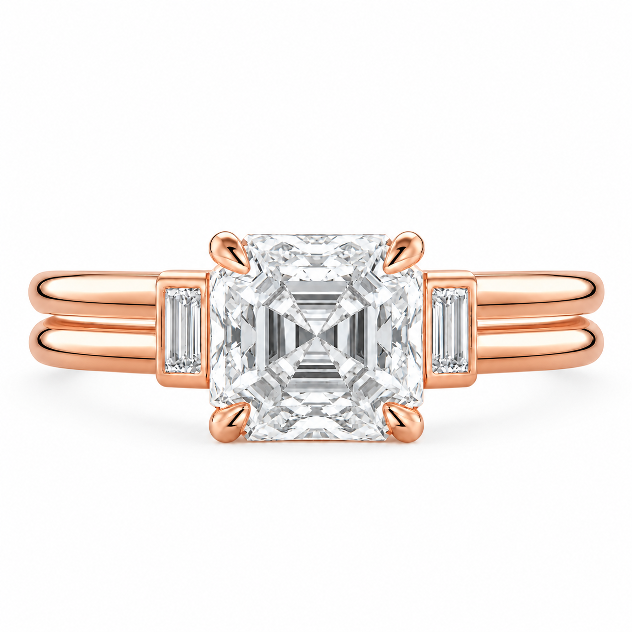 1.80 CT Asscher Cut Lab-Grown Diamond Three Stone Engagement Ring in 14K White Gold – Baguette Side Stone Double Band Art Deco Design