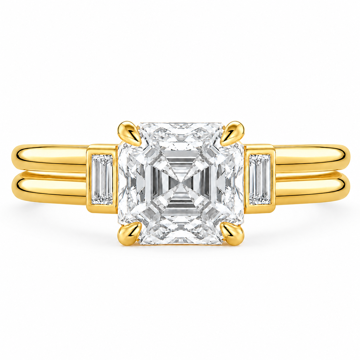1.80 CT Asscher Cut Lab-Grown Diamond Three Stone Engagement Ring in 14K White Gold – Baguette Side Stone Double Band Art Deco Design