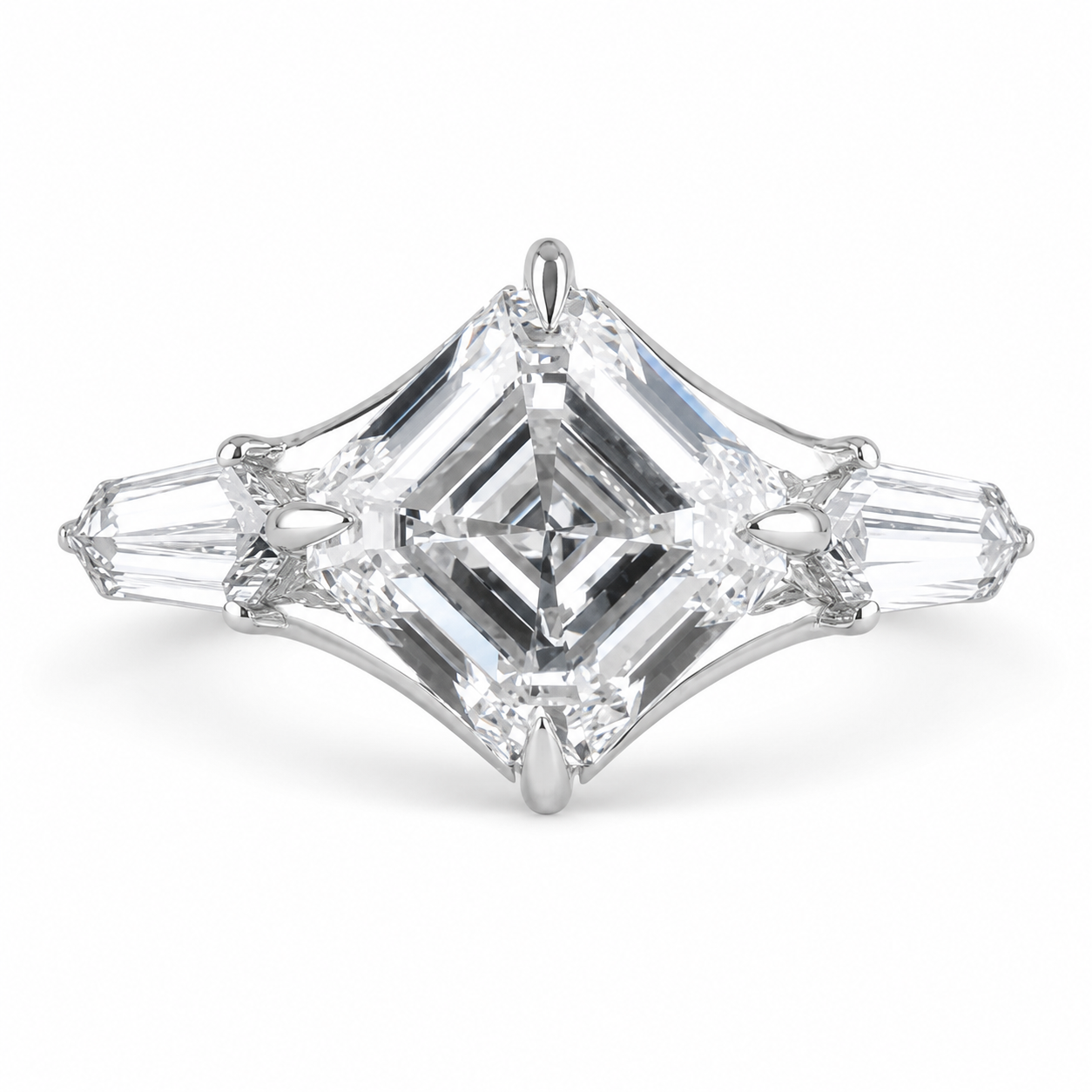 2.50 CT Asscher Cut Lab-Grown Diamond Three Stone Engagement Ring in 14K White Gold – East West IGI Certified Design
