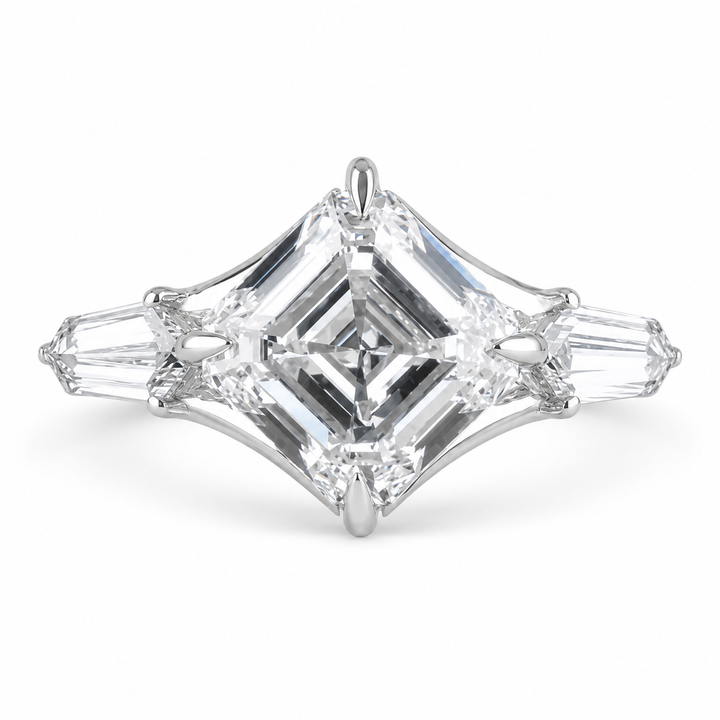 2.50 CT Asscher Cut Lab-Grown Diamond Three Stone Engagement Ring in White Gold – East West IGI Certified Design