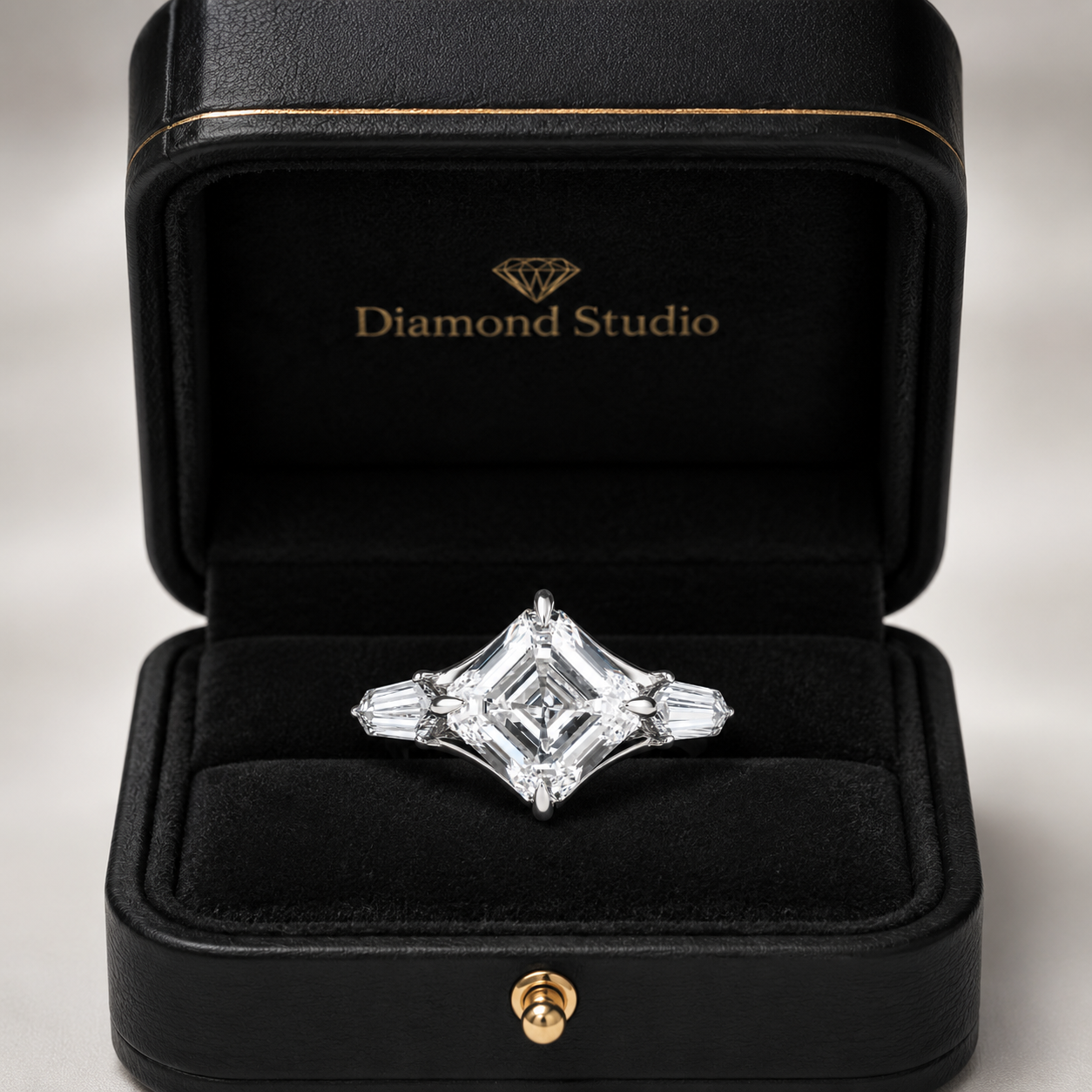 2.50 CT Asscher Cut Lab-Grown Diamond Three Stone Engagement Ring in 14K White Gold – East West IGI Certified Design