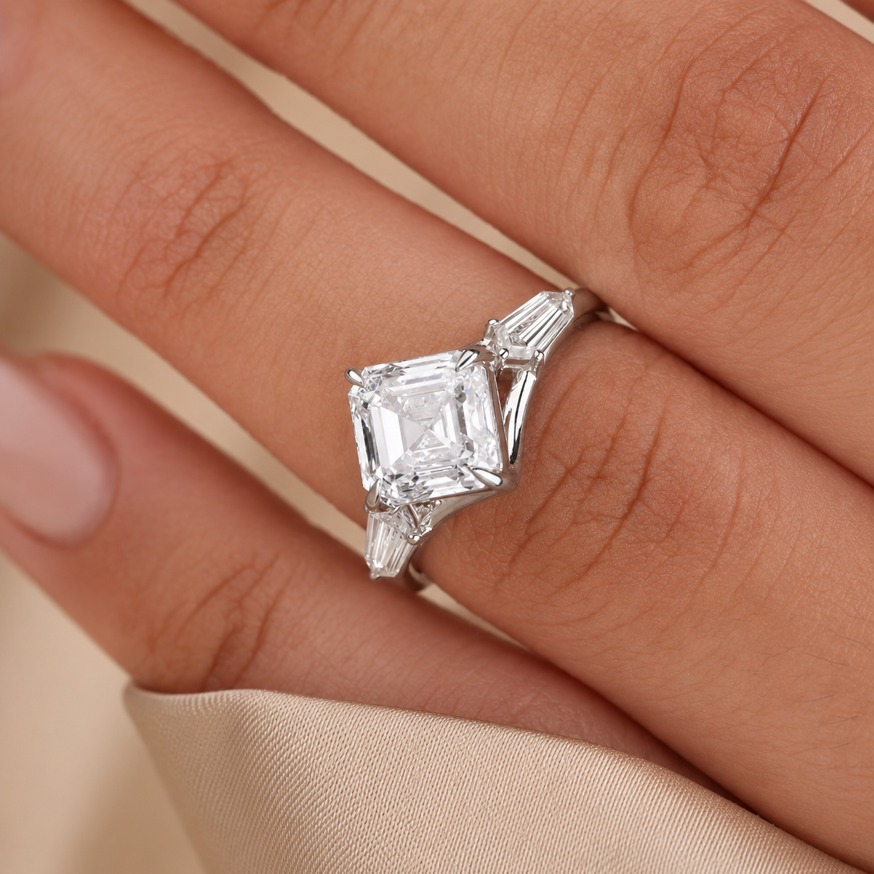 2.50 CT Asscher Cut Lab-Grown Diamond Three Stone Engagement Ring in 14K White Gold – East West IGI Certified Design