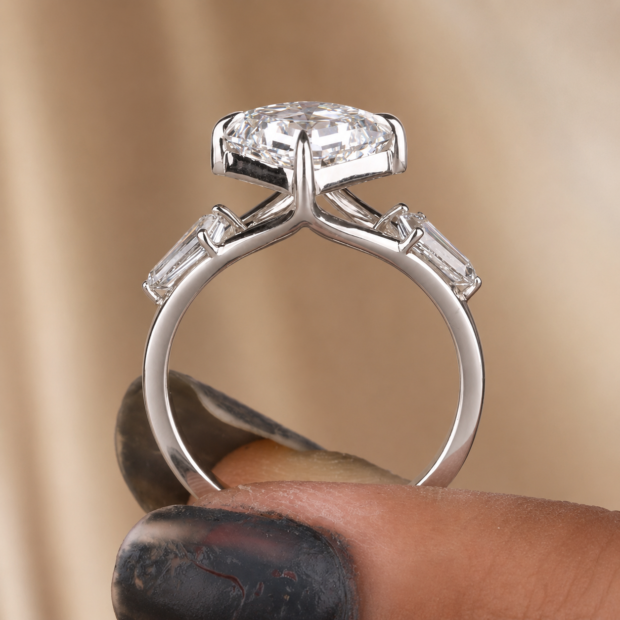 2.50 CT Asscher Cut Lab-Grown Diamond Three Stone Engagement Ring in 14K White Gold – East West IGI Certified Design