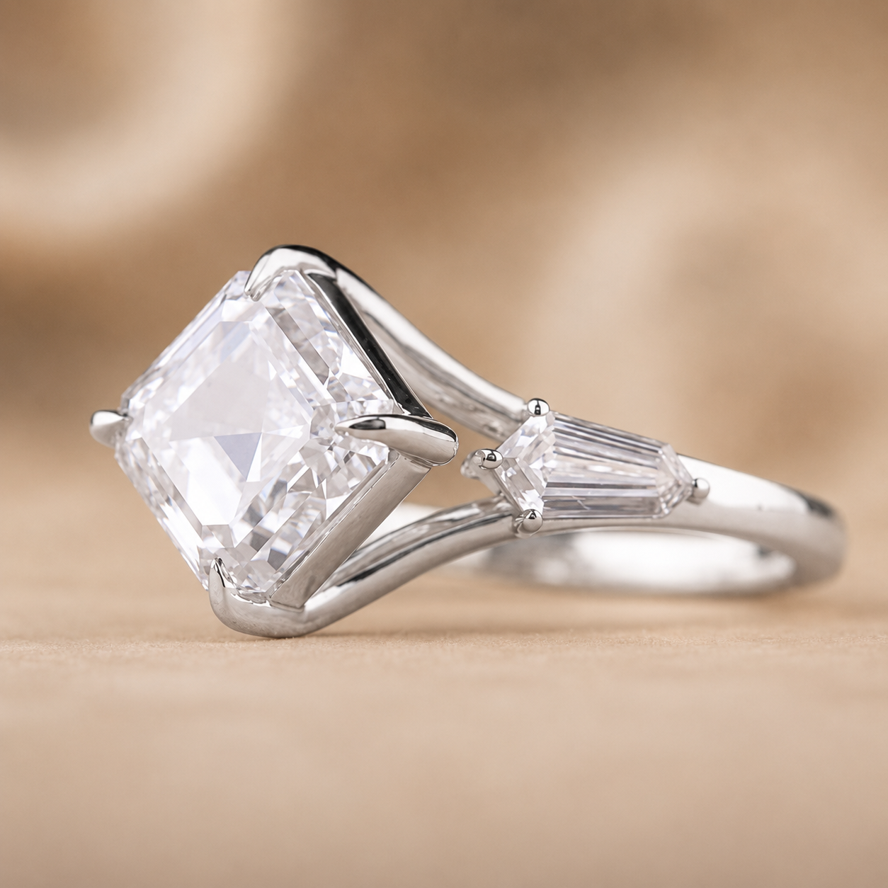 2.50 CT Asscher Cut Lab-Grown Diamond Three Stone Engagement Ring in 14K White Gold – East West IGI Certified Design