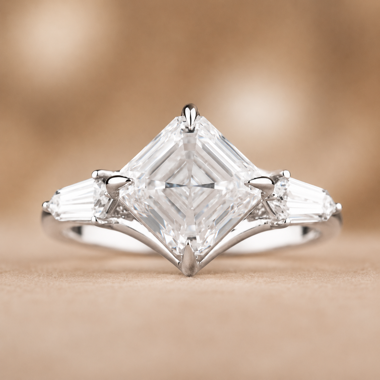 2.50 CT Asscher Cut Lab-Grown Diamond Three Stone Engagement Ring in 14K White Gold – East West IGI Certified Design