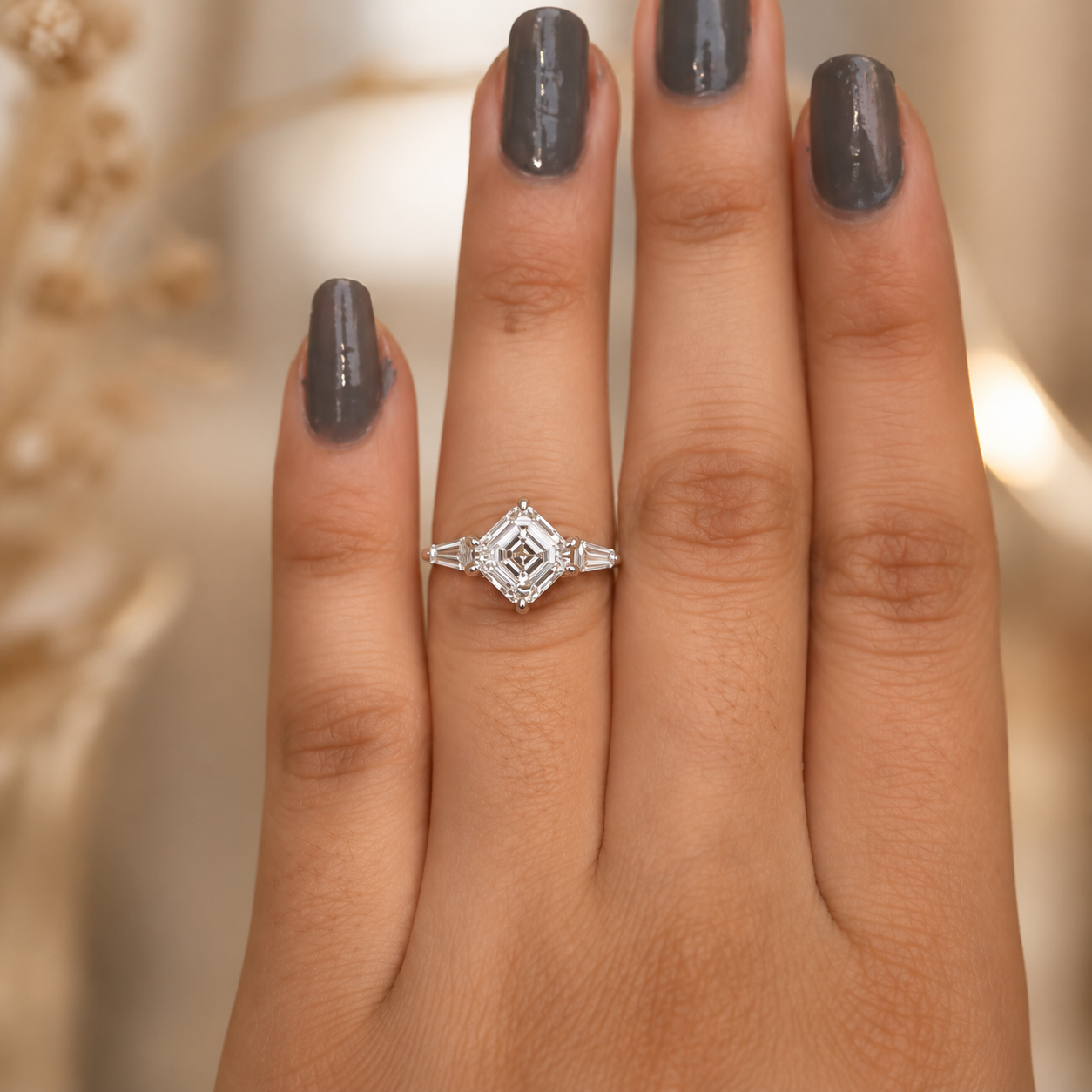 2.50 CT Asscher Cut Lab-Grown Diamond Three Stone Engagement Ring in 14K White Gold – East West IGI Certified Design
