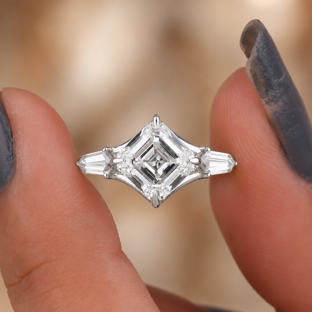 2.50 CT Asscher Cut Lab-Grown Diamond Three Stone Engagement Ring in 14K White Gold – East West IGI Certified Design