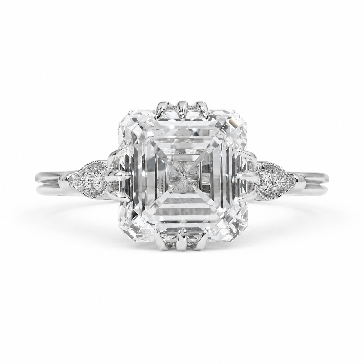 4.50 CT Asscher Cut Lab-Grown Diamond Engagement Ring in 14K White Gold – IGI Certified Vintage Triple Prong Statement Ring with Side Diamonds