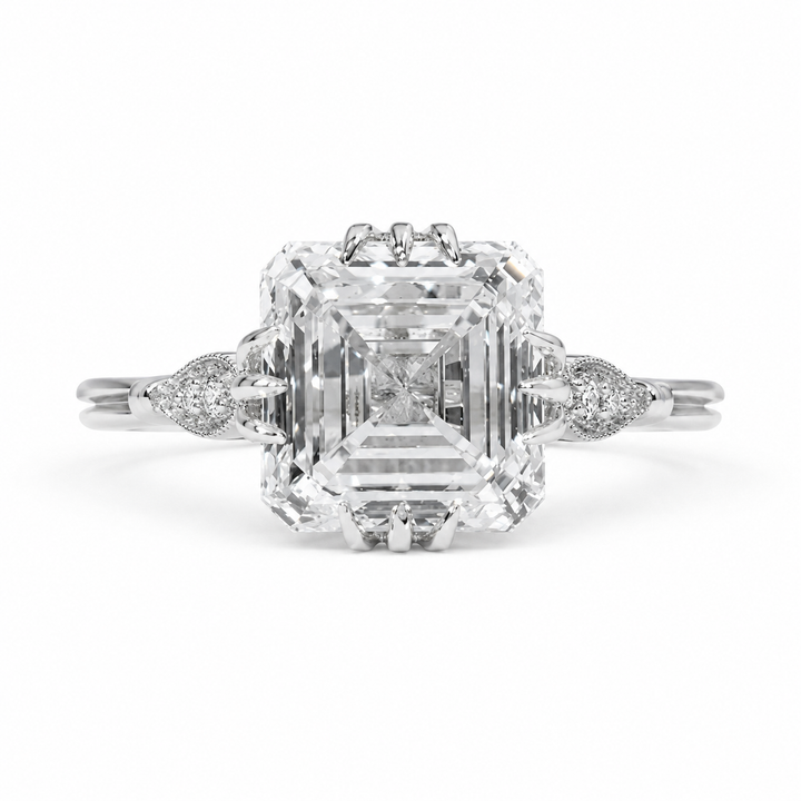 4.50 CT Asscher Cut Lab-Grown Diamond Engagement Ring in White Gold – IGI Certified Vintage Triple Prong Statement Ring with Side Diamonds