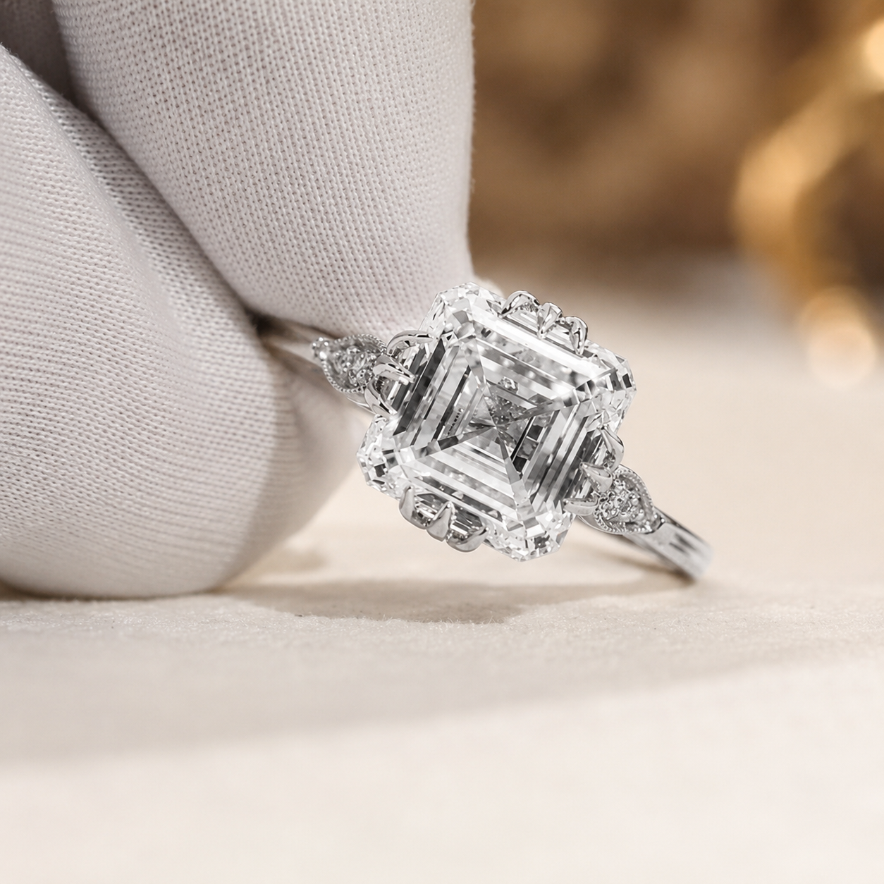 4.50 CT Asscher Cut Lab-Grown Diamond Engagement Ring in 14K White Gold – IGI Certified Vintage Triple Prong Statement Ring with Side Diamonds
