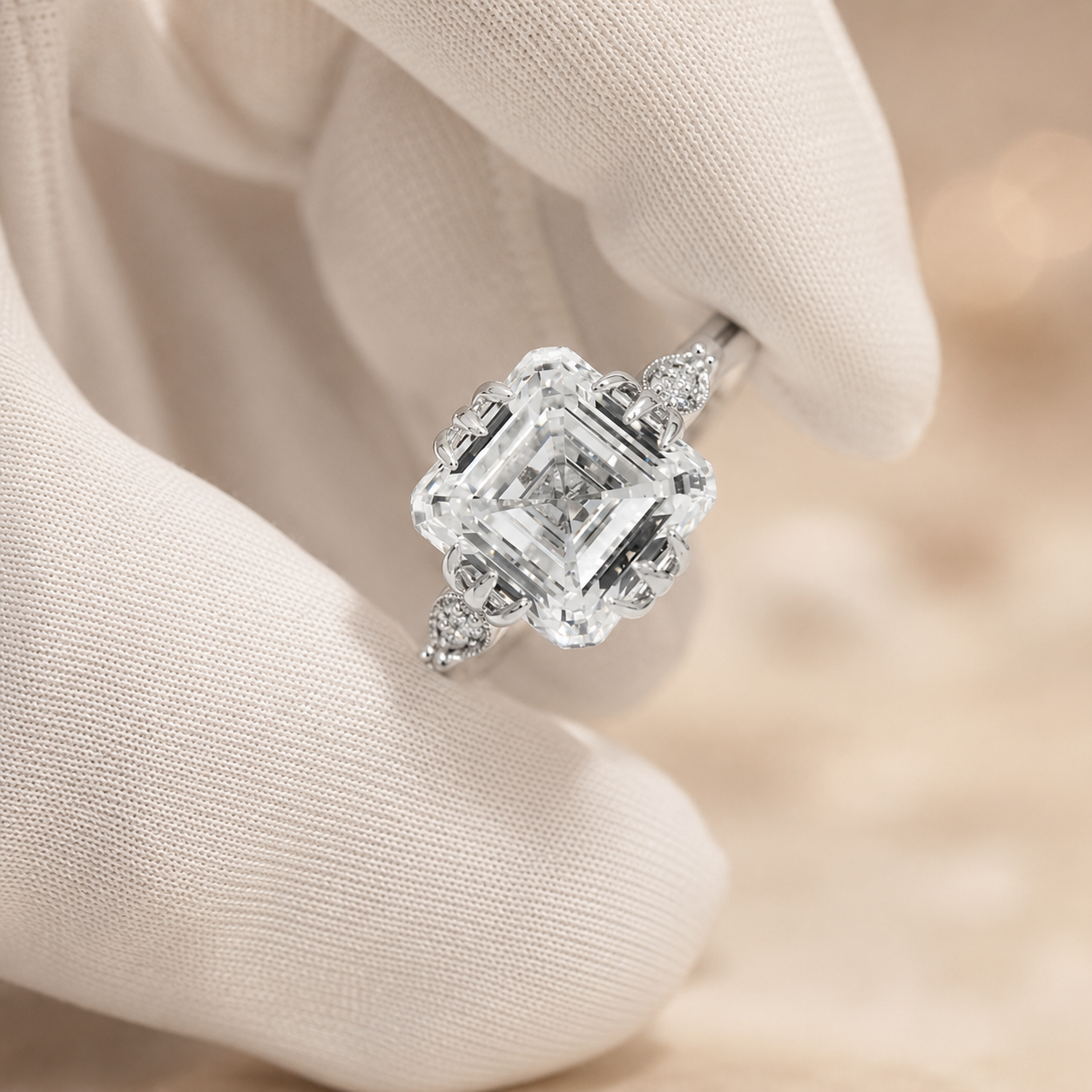 4.50 CT Asscher Cut Lab-Grown Diamond Engagement Ring in 14K White Gold – IGI Certified Vintage Triple Prong Statement Ring with Side Diamonds