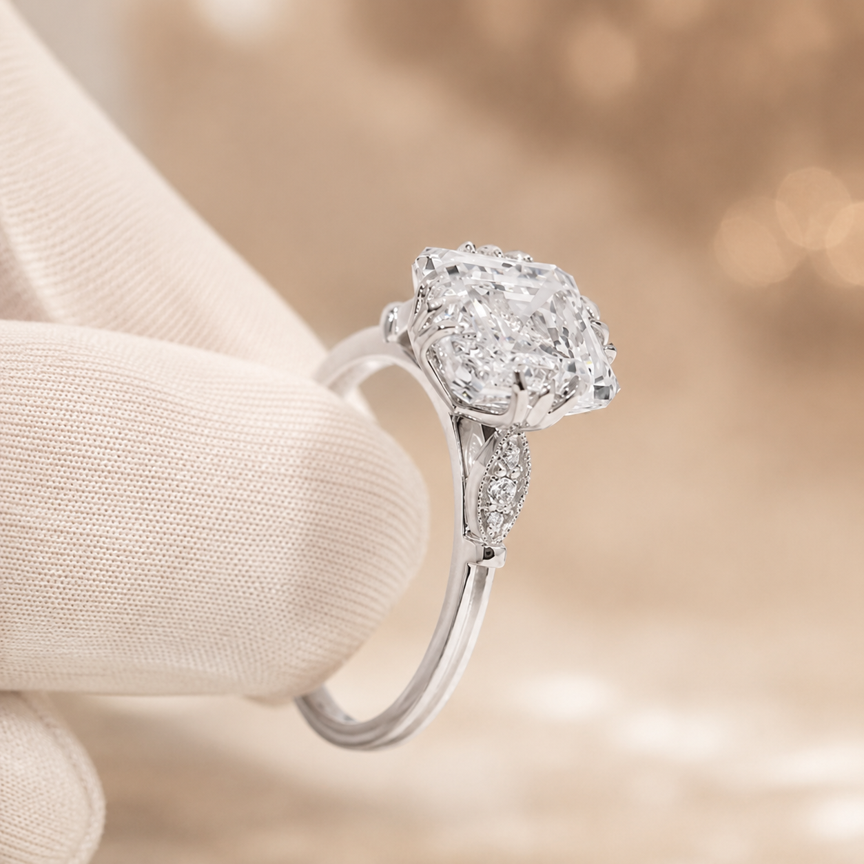 4.50 CT Asscher Cut Lab-Grown Diamond Engagement Ring in 14K White Gold – IGI Certified Vintage Triple Prong Statement Ring with Side Diamonds