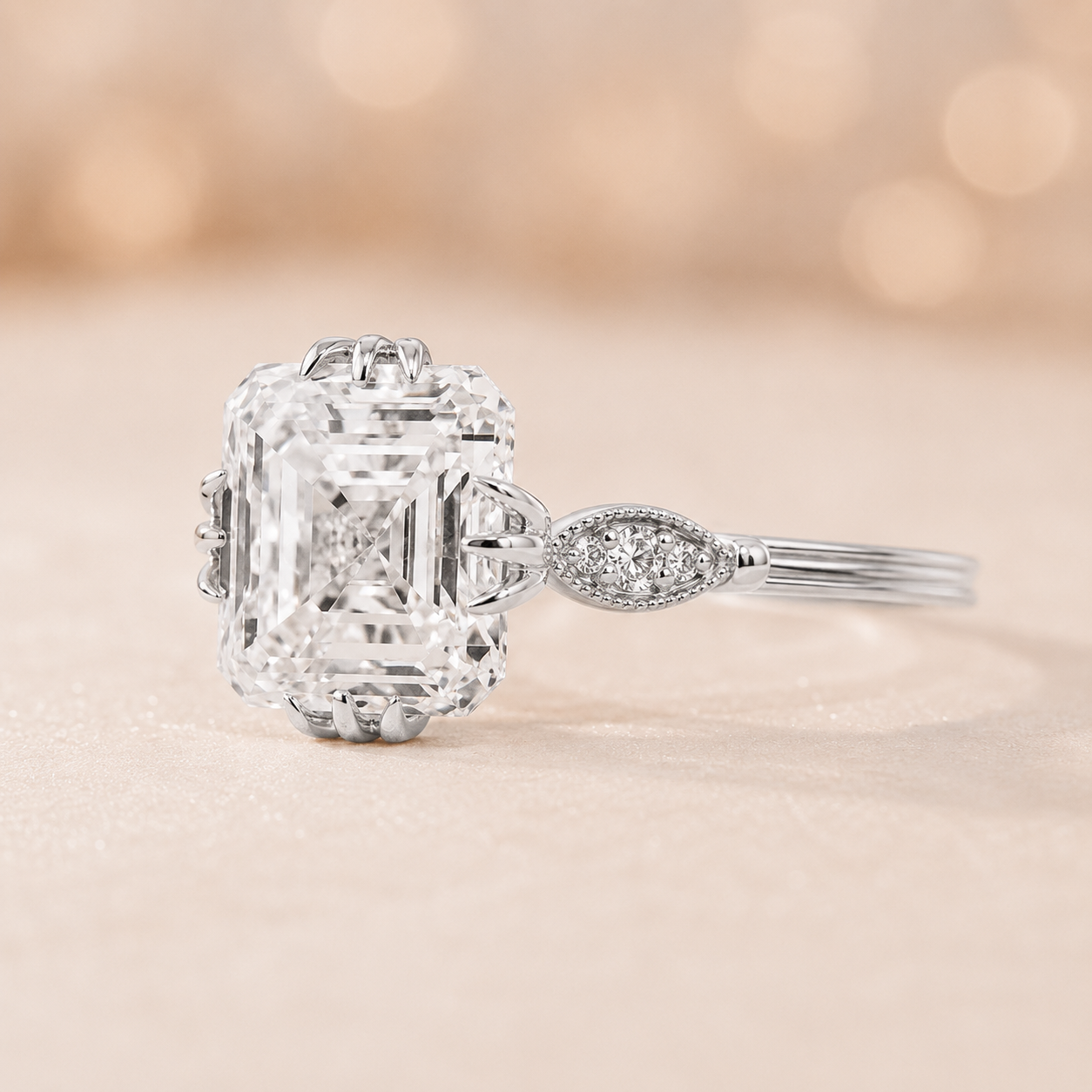 4.50 CT Asscher Cut Lab-Grown Diamond Engagement Ring in 14K White Gold – IGI Certified Vintage Triple Prong Statement Ring with Side Diamonds