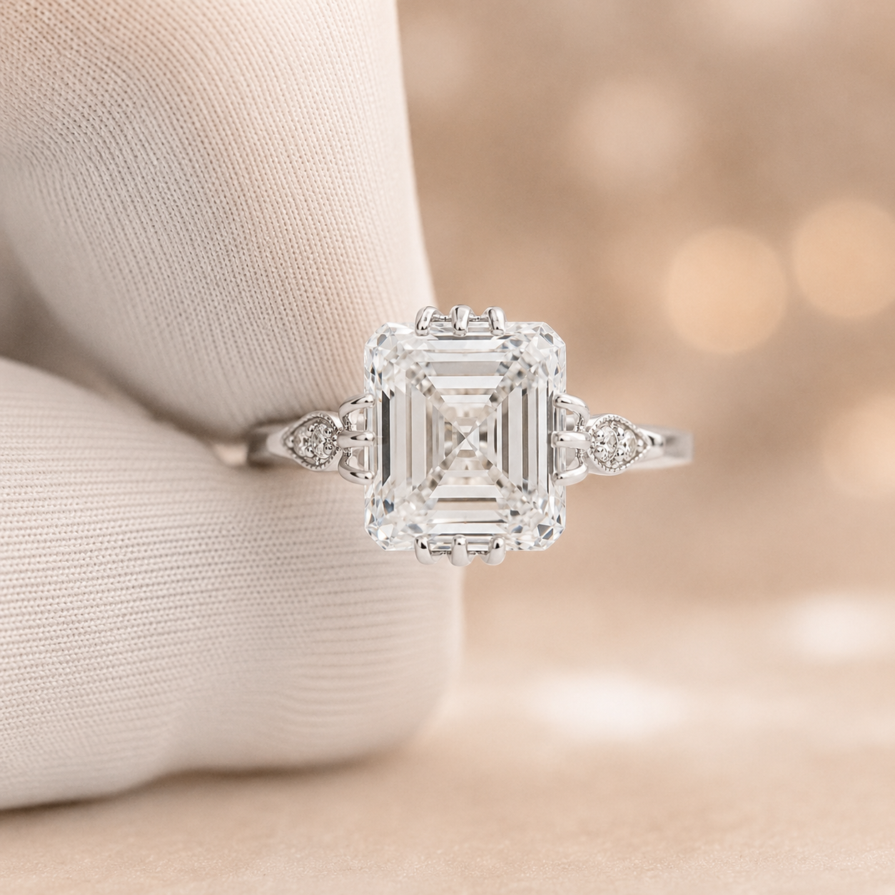 4.50 CT Asscher Cut Lab-Grown Diamond Engagement Ring in 14K White Gold – IGI Certified Vintage Triple Prong Statement Ring with Side Diamonds
