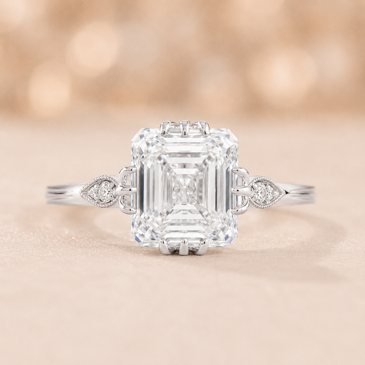 4.50 CT Asscher Cut Lab-Grown Diamond Engagement Ring in 14K White Gold – IGI Certified Vintage Triple Prong Statement Ring with Side Diamonds