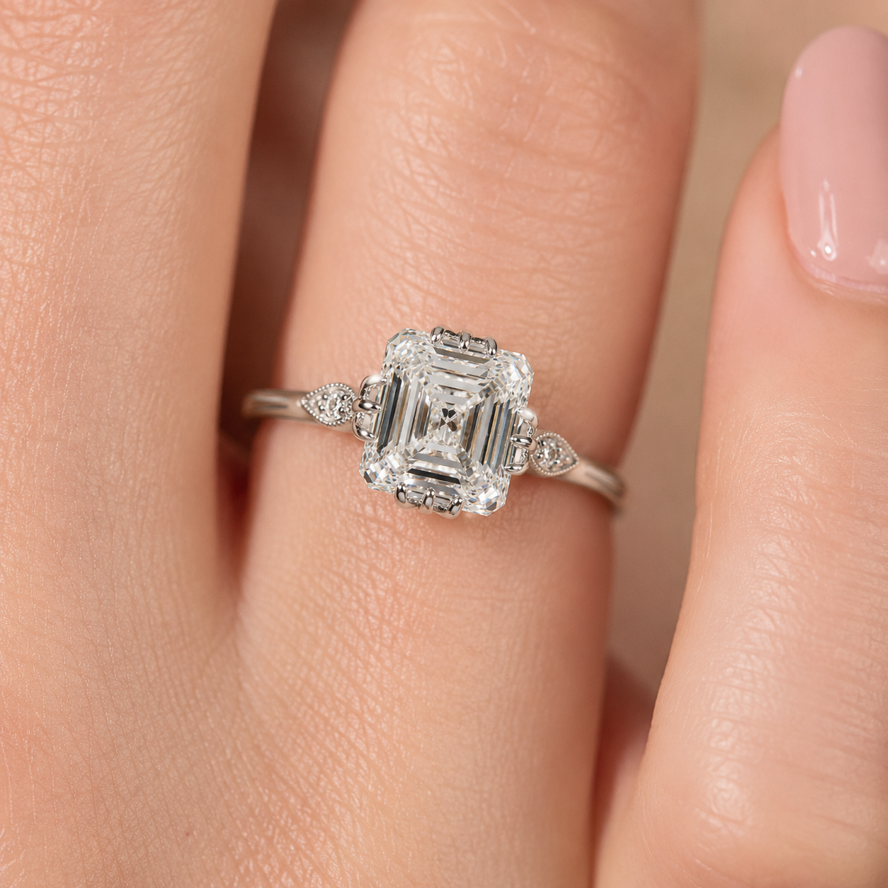 4.50 CT Asscher Cut Lab-Grown Diamond Engagement Ring in 14K White Gold – IGI Certified Vintage Triple Prong Statement Ring with Side Diamonds