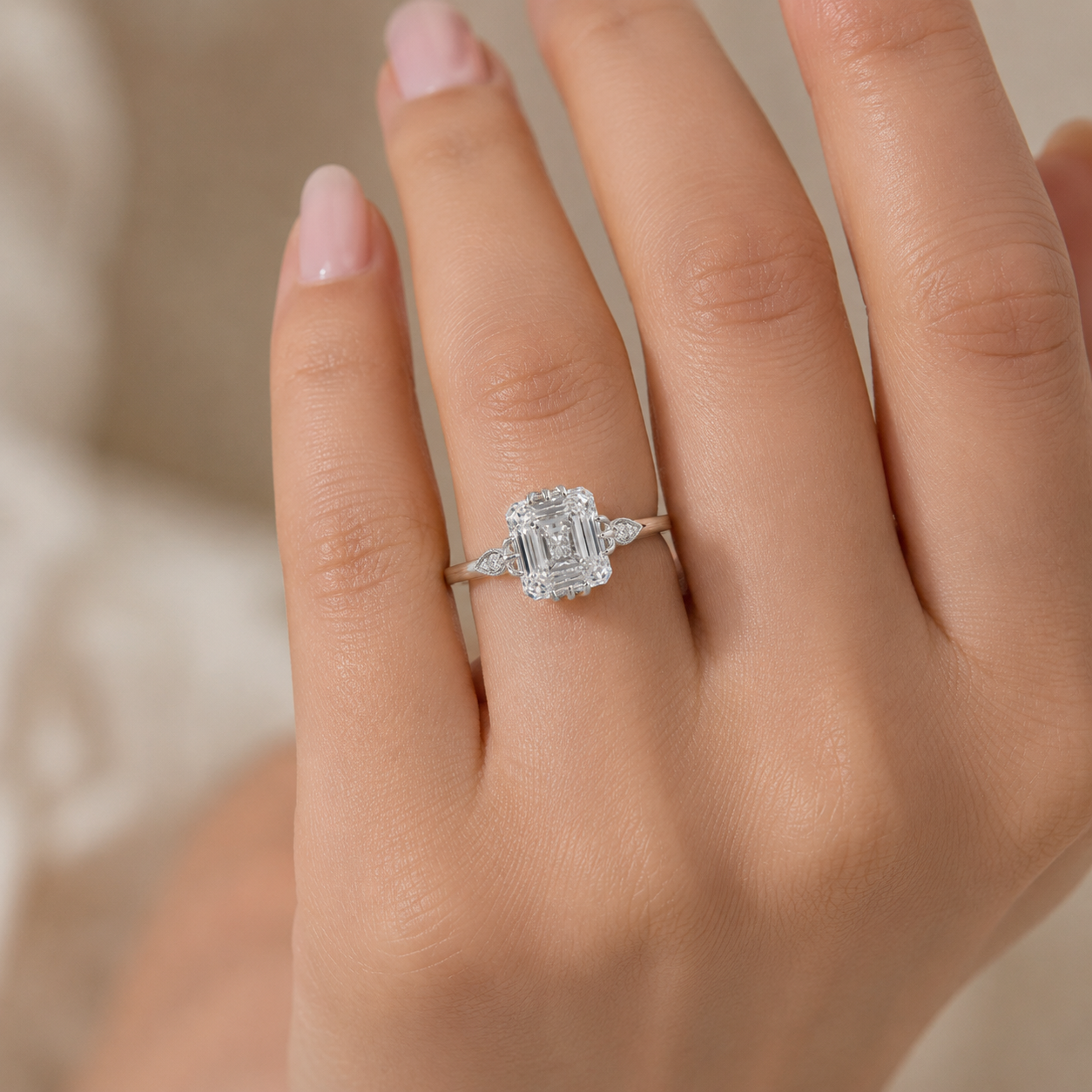 4.50 CT Asscher Cut Lab-Grown Diamond Engagement Ring in 14K White Gold – IGI Certified Vintage Triple Prong Statement Ring with Side Diamonds