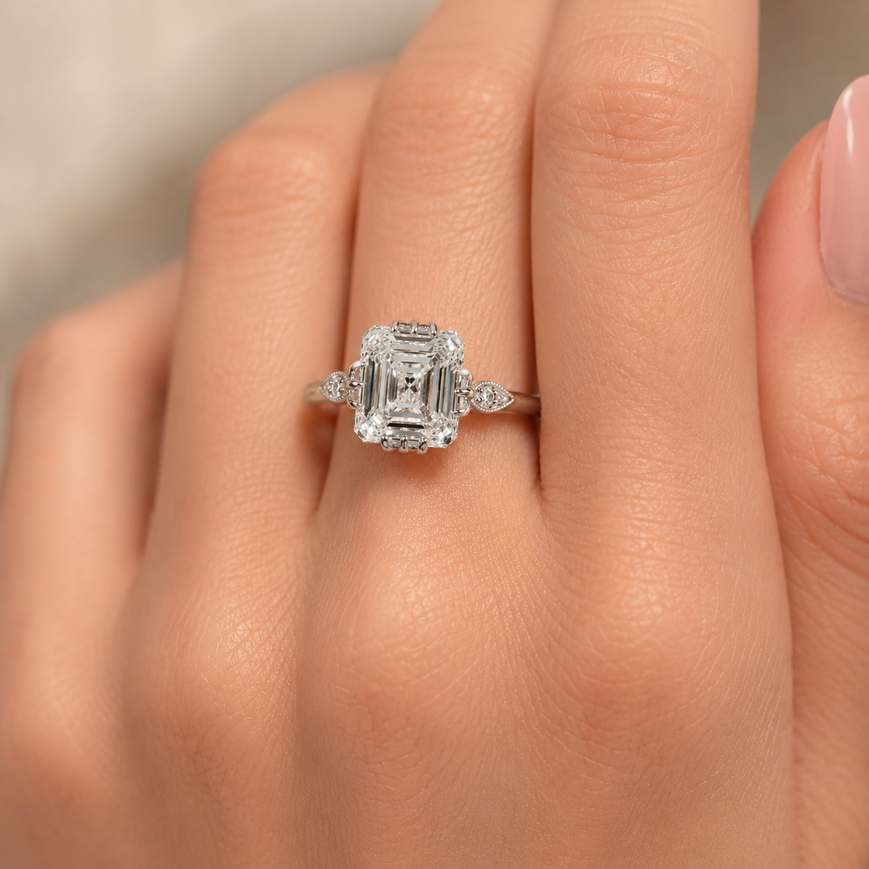 4.50 CT Asscher Cut Lab-Grown Diamond Engagement Ring in 14K White Gold – IGI Certified Vintage Triple Prong Statement Ring with Side Diamonds