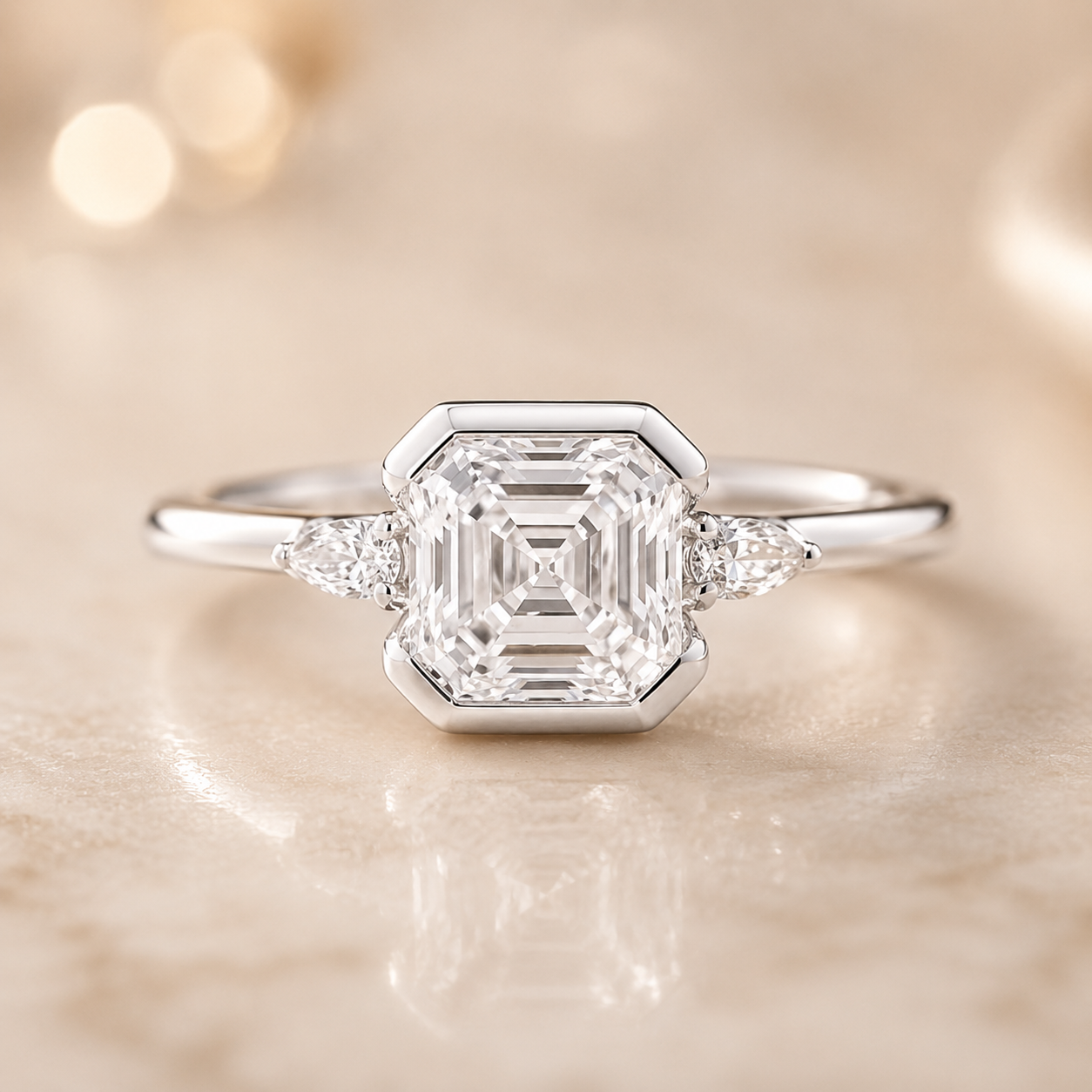 3.40 CT Asscher Cut Lab-Grown Diamond Engagement Ring in 14K White Gold – Marquise Accent Bezel Set Art Deco Design