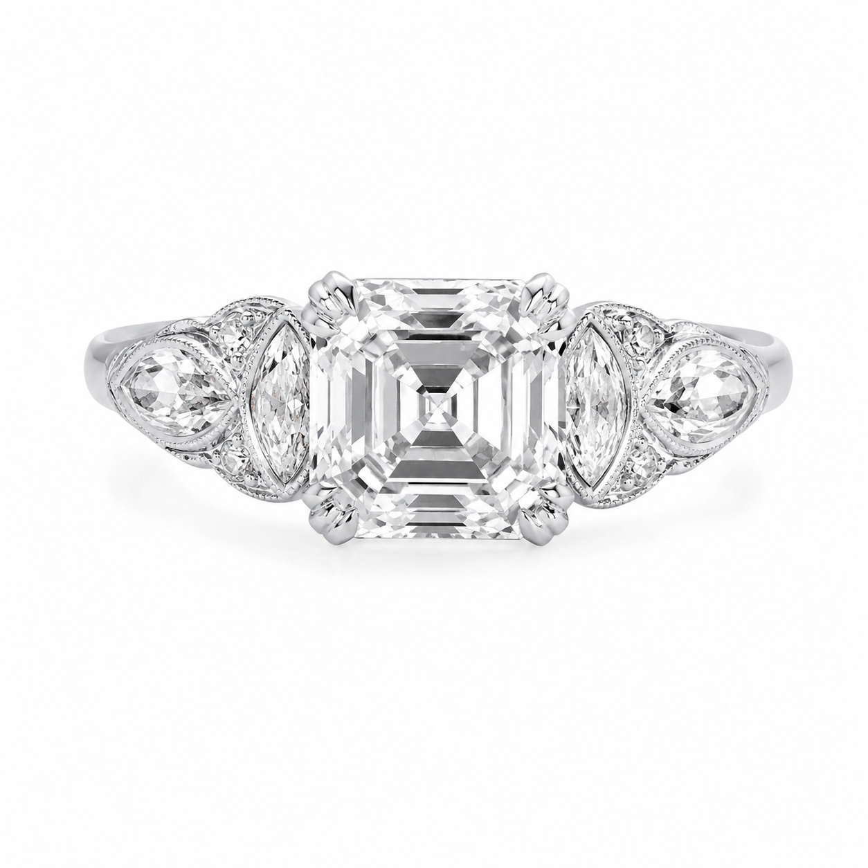 2.20 CT Asscher Cut Lab-Grown Diamond Engagement Ring in 14K White Gold – Edwardian Art Deco Old Mine Vintage Design