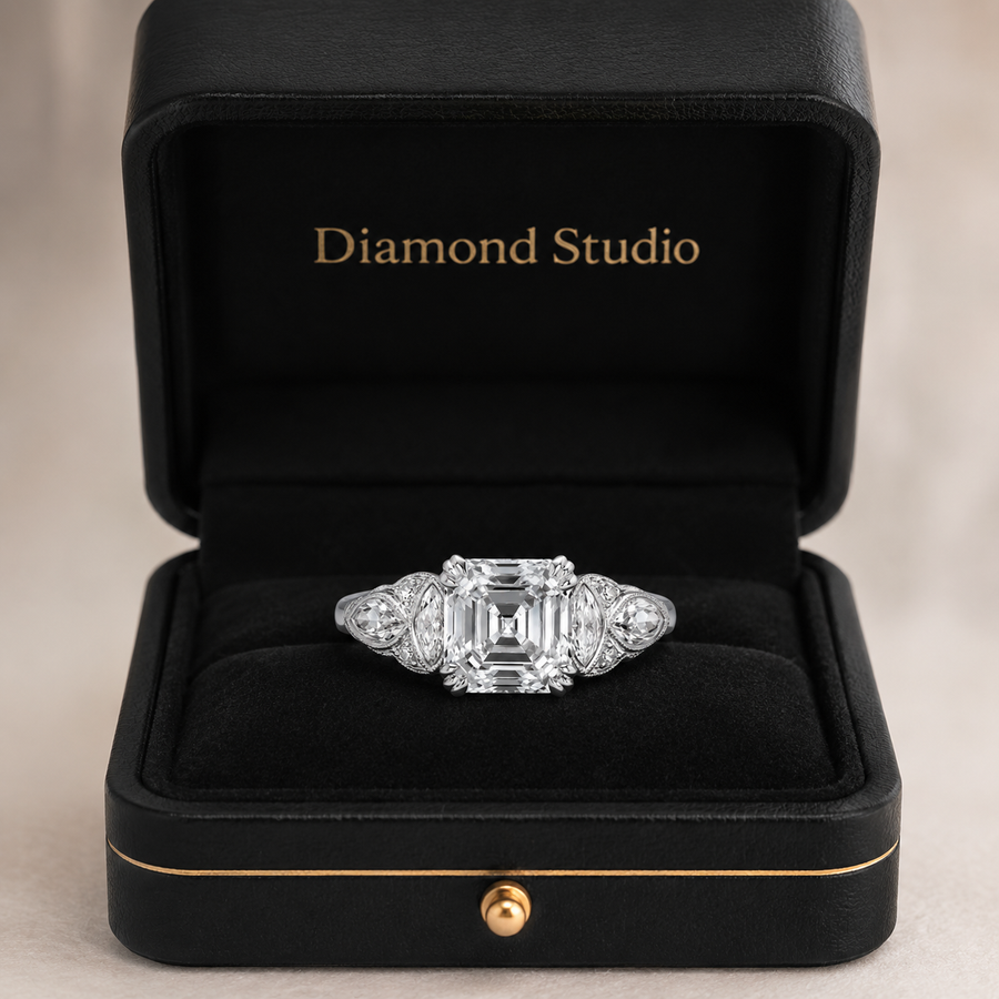 2.20 CT Asscher Cut Lab-Grown Diamond Engagement Ring in 14K White Gold – Edwardian Art Deco Old Mine Vintage Design