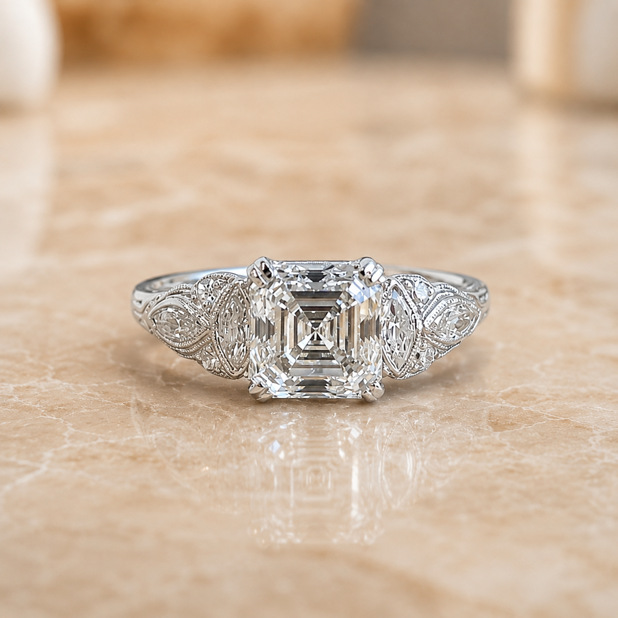 2.20 CT Asscher Cut Lab-Grown Diamond Engagement Ring in 14K White Gold – Edwardian Art Deco Old Mine Vintage Design