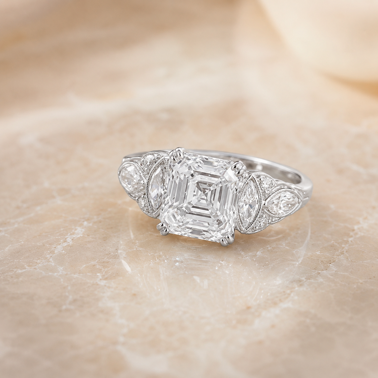 2.20 CT Asscher Cut Lab-Grown Diamond Engagement Ring in 14K White Gold – Edwardian Art Deco Old Mine Vintage Design