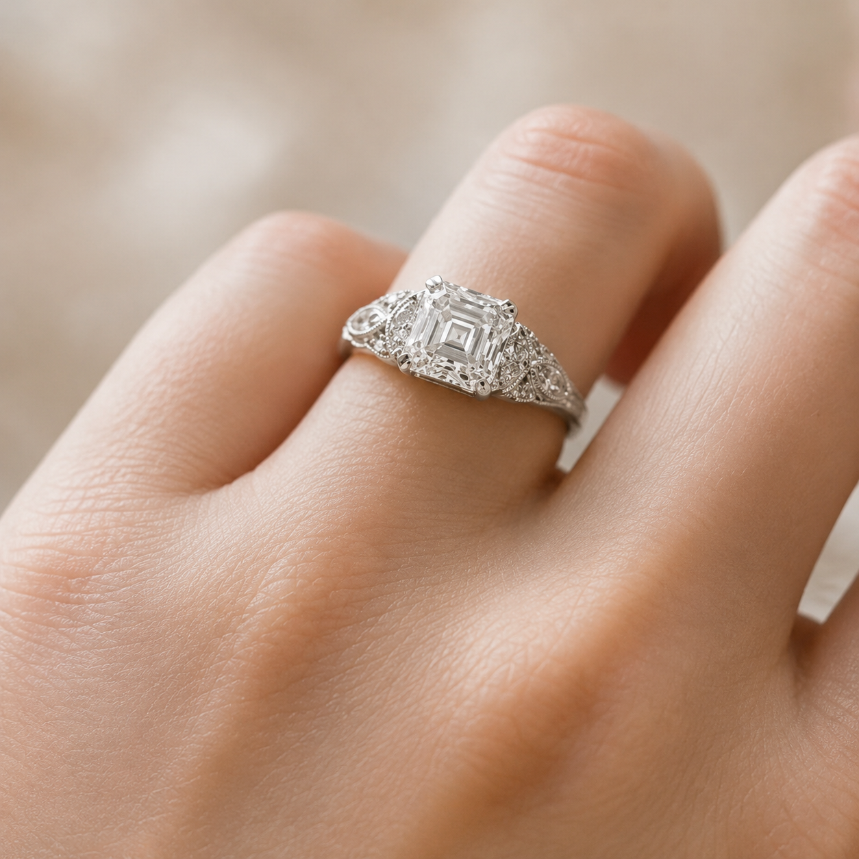 2.20 CT Asscher Cut Lab-Grown Diamond Engagement Ring in 14K White Gold – Edwardian Art Deco Old Mine Vintage Design