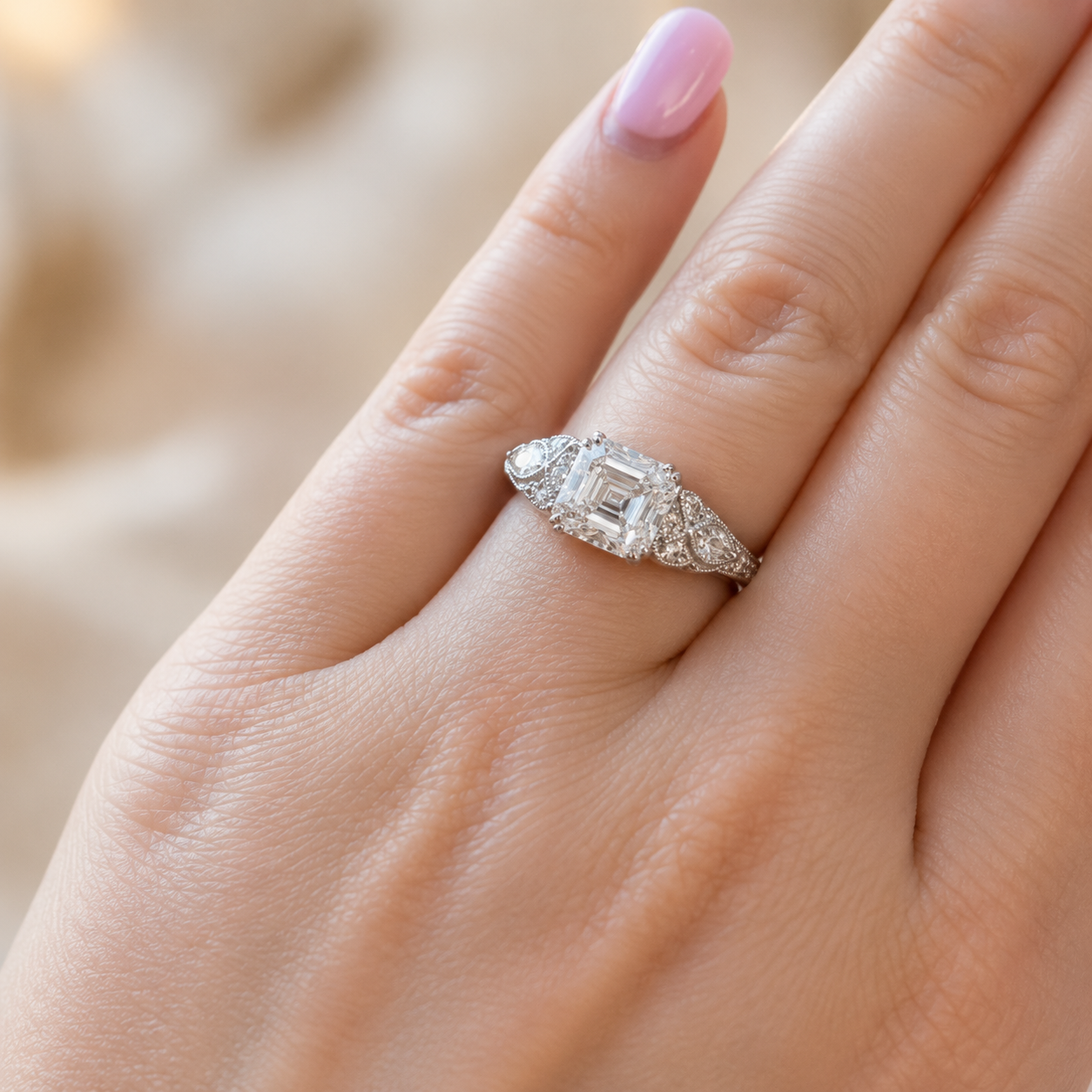 2.20 CT Asscher Cut Lab-Grown Diamond Engagement Ring in 14K White Gold – Edwardian Art Deco Old Mine Vintage Design