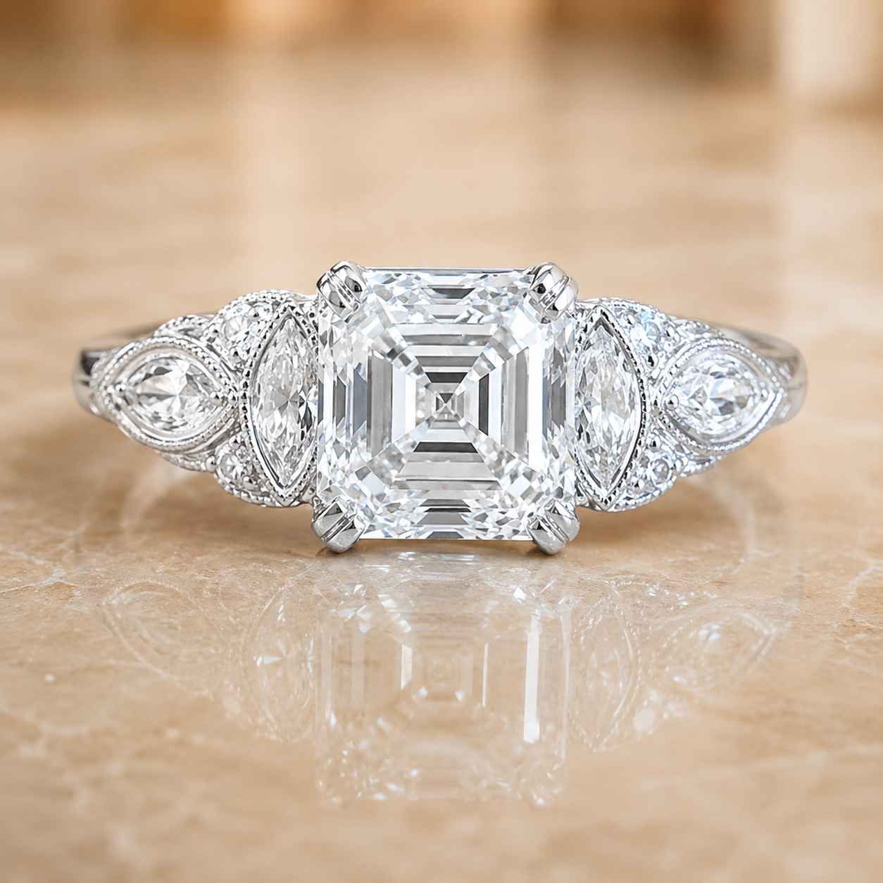 2.20 CT Asscher Cut Lab-Grown Diamond Engagement Ring in 14K White Gold – Edwardian Art Deco Old Mine Vintage Design