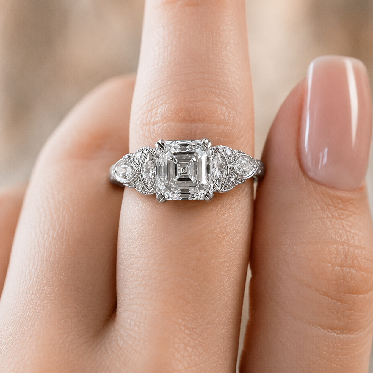 2.20 CT Asscher Cut Lab-Grown Diamond Engagement Ring in 14K White Gold – Edwardian Art Deco Old Mine Vintage Design
