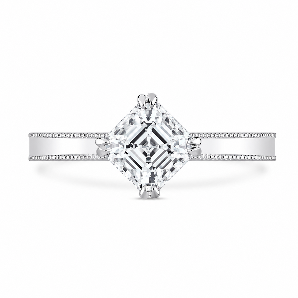 2.00 CT Asscher Cut Lab-Grown Diamond Engagement Ring in 14K White Gold – Milgrain Double Claw Prong Art Deco Design