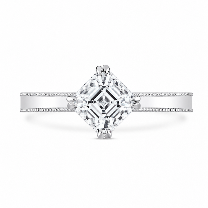 2.00 CT Asscher Cut Lab-Grown Diamond Engagement Ring in White Gold – Milgrain Double Claw Prong Art Deco Design