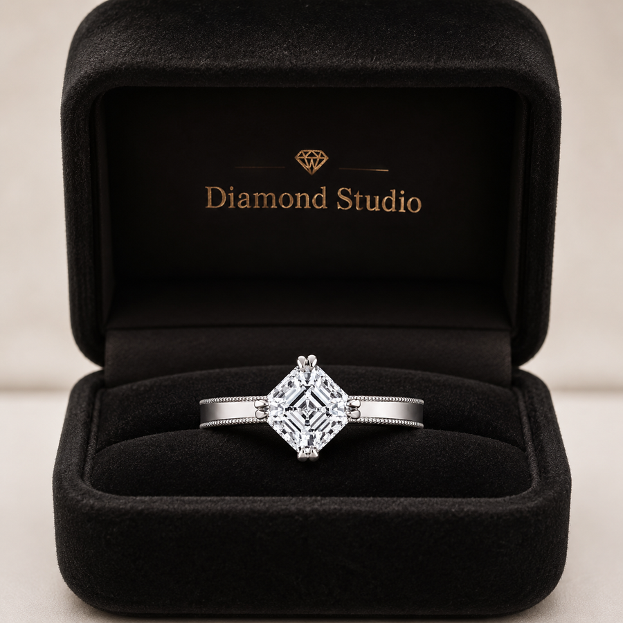 2.00 CT Asscher Cut Lab-Grown Diamond Engagement Ring in 14K White Gold – Milgrain Double Claw Prong Art Deco Design